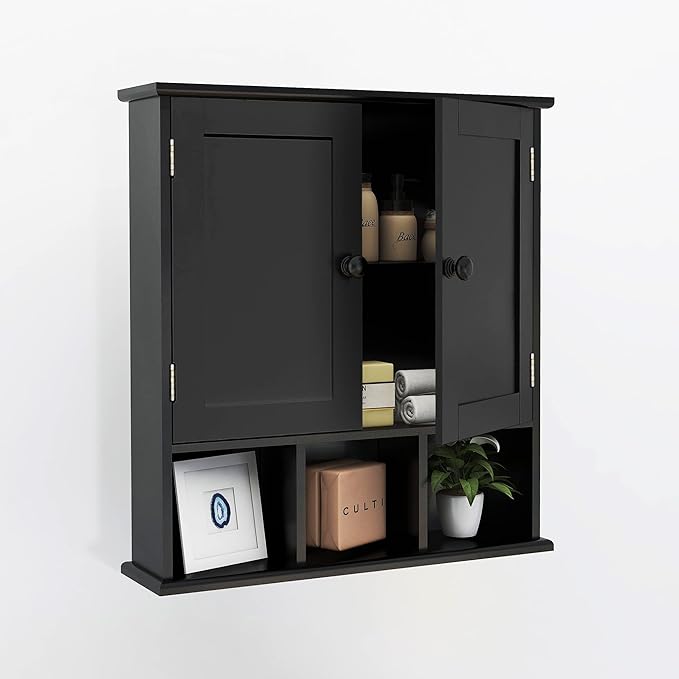 TaoHFE Black Bathroom Over The Toilet Storage Cabinet,Wall Medicine Cabinet Organizer with 2 Door Adjustable Shelves,Wooden M