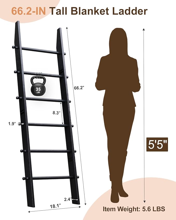 TEAKMAMA 6-Tier Blanket Ladder with Hanging Knobs, 5.5 Ft Wall Leaning Blanket Ladders for Living Room Bedroom,Rustic Decorat
