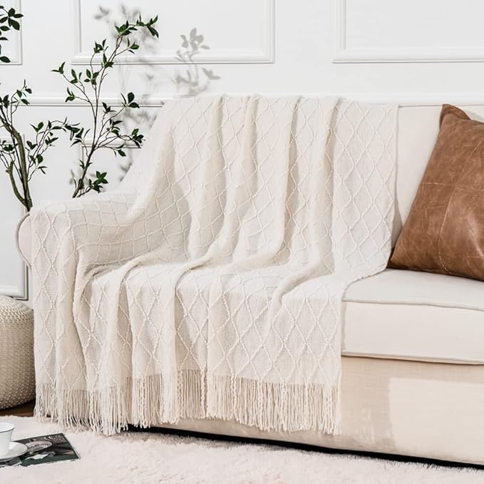 BATTILO HOME Cream Throw Blanket for Couch, Boho Bedroom Decor Throws, Decorative White Throw for Sofa Living Room, 50"x60"