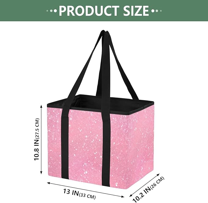 Glitter Blush Pink Reusable Grocery Bags Large Shopping Tote Bag with Reinforced Bottom Board, Water Resistant Foldable Stora