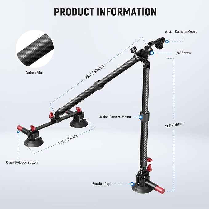 NEEWER Triple Suction Cup Car Mount Kit, Carbon Fiber Camera Mount with Action Camera Adapter, NATO Rail & 24"/60cm Extension Pole Compatible with GoPro Insta360, 2.2lb/1kg Max Load, CA136