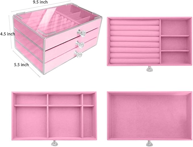 Clear Acrylic Velvet Jewelry Organizer with 3 Drawers, Stackable Display Storage Earrings Necklace Rings Bracelets Box Holder