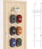 SWTYMIKI Over Door Hat Organizer - Wall Mounted Hat Rack with 6 Hooks and Metal Basket Design, Hanging Baseball Cap Organizer