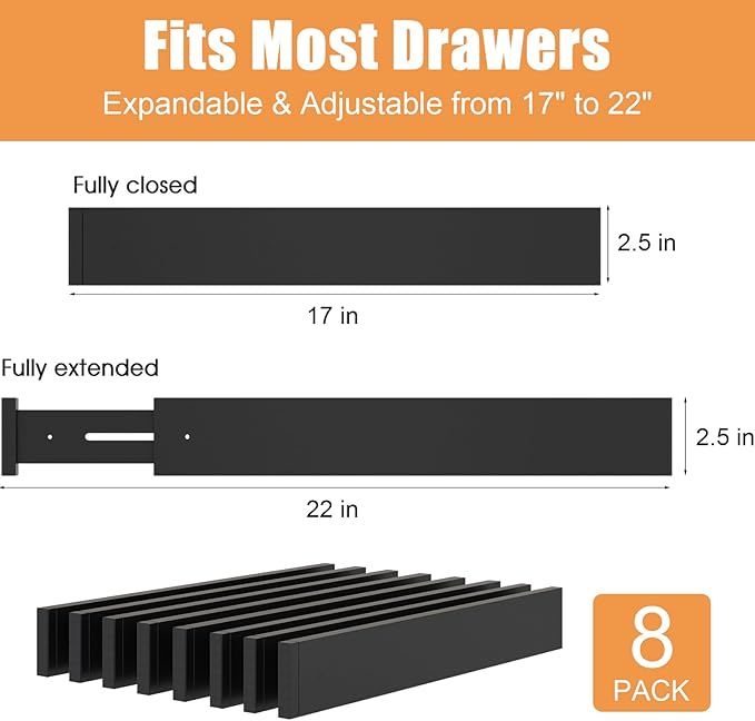 Bamboo Drawer Dividers,17-22" Adjustable Kitchen Drawer Organizer for Clothes,8 Pack Expandable Drawer Organization Separator