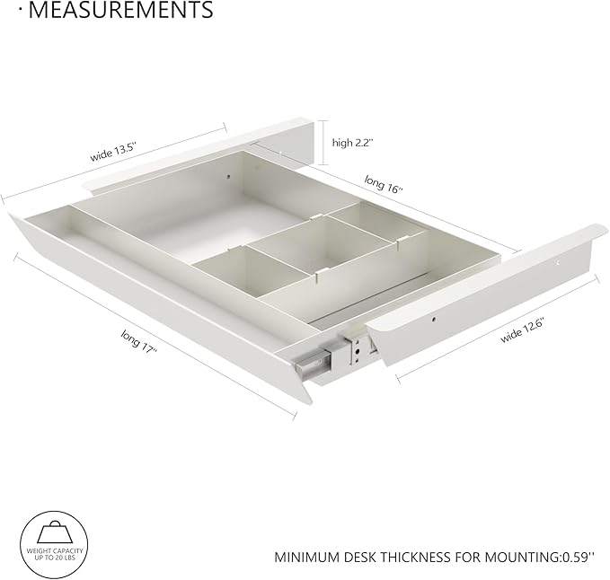 White Under Desk Sliding Pull-out Drawer with Pencil Tray and Slide Storage Tray, 17'' long & 13.5'' deep Large Organizer for