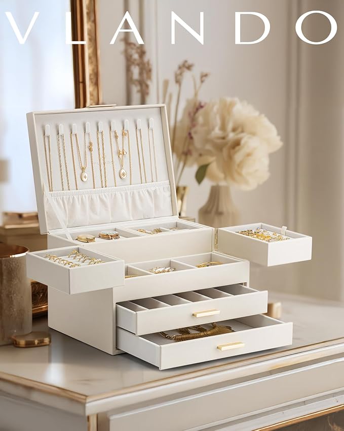 Vlando 4 Layers Jewelry Box - Women Jewelry Box with Retractable Tray - Jewelry Organizer with Drawer for Necklaces, Rings, B