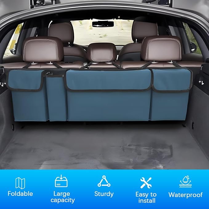 Car Trunk Organizer with Lid, Large Waterproof Vehicle Backseat Hanging Storage Bag with 4 Pockets & Adjustable Straps, Colla