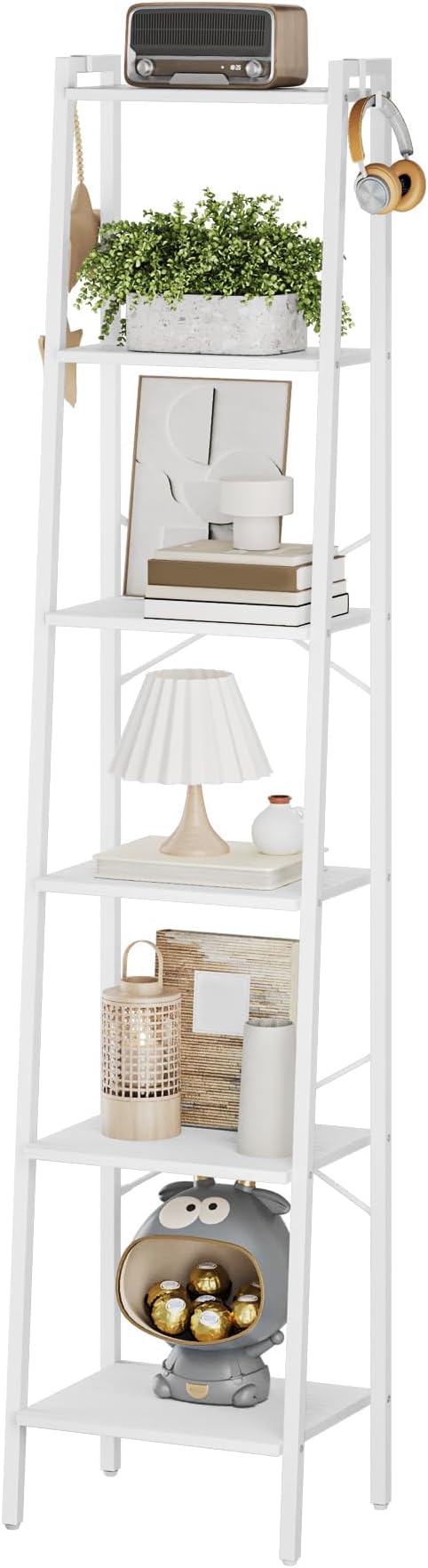 Hzuaneri Ladder Shelf, Bookshelf Bookcase, Freestanding Corner Storage Shelve with 2 Hooks for Home Office, Living Room, Kitc