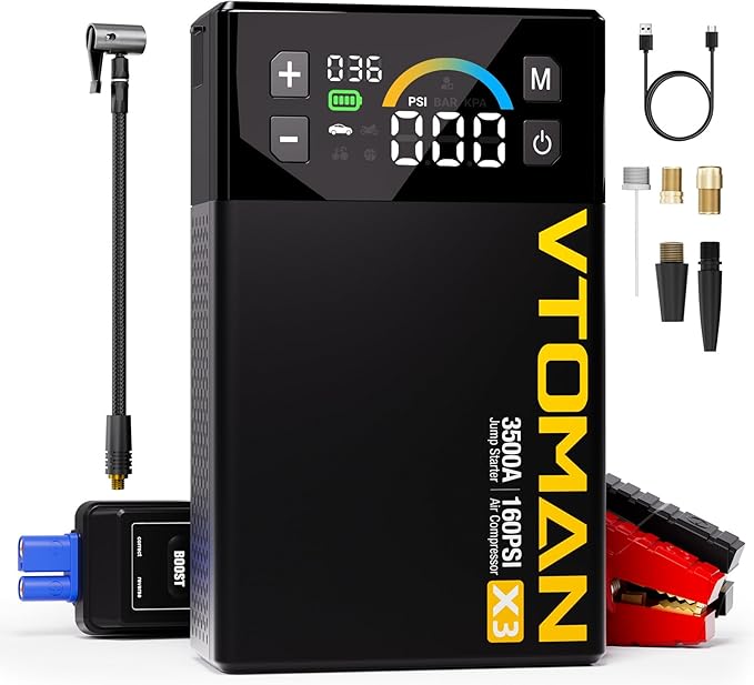 VTOMAN X3 Jump Starter with Air Compressor, 3500A Portable Car Battery Jumper Starter (9L Gas/8.5L Diesel Engines) with