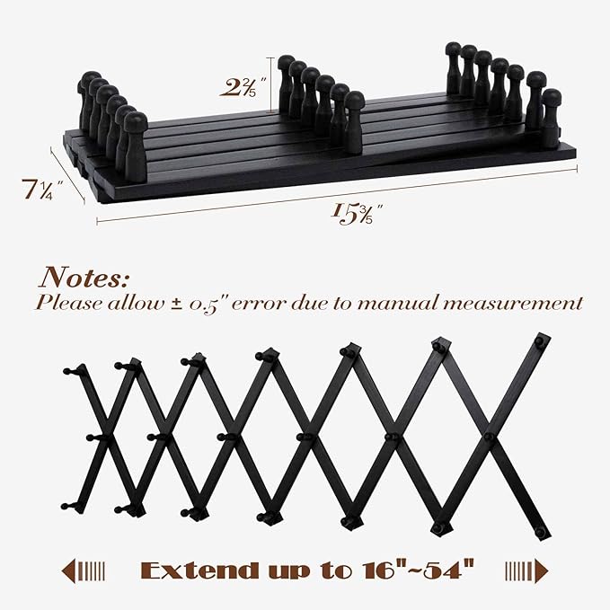 SCUNDA Wall Rack with 20 Hooks, Wooden Wall Expandable Coat Rack for Coat, Hats, Baseball Caps, Coffee Mug, Jewelry(Black)