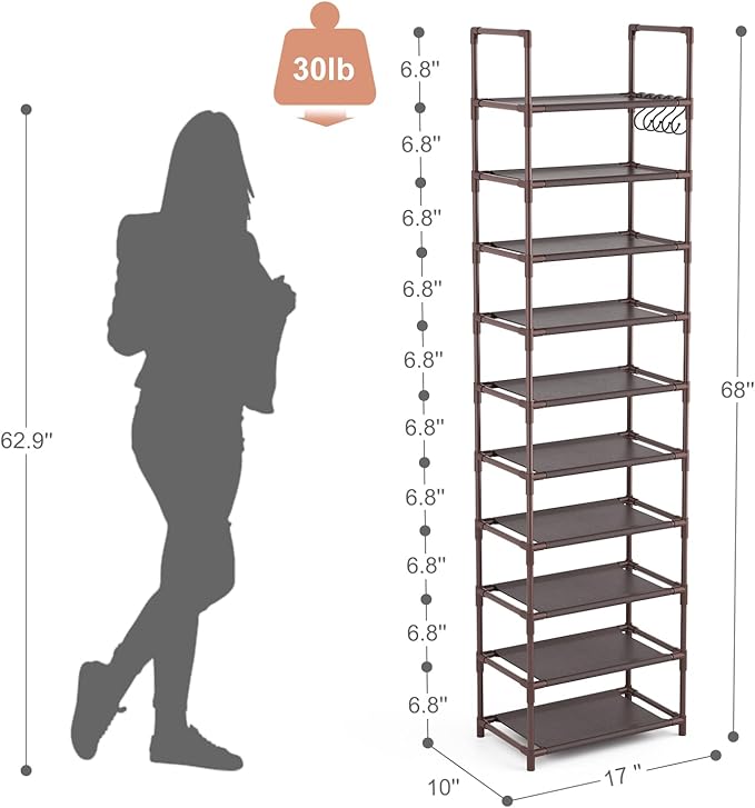 LANTEFUL 10 Tiers Tall Shoe Rack 20-25 Pairs Boots Organizer Storage Sturdy Narrow Shoe Shelf for Entryway, Closets with Hook