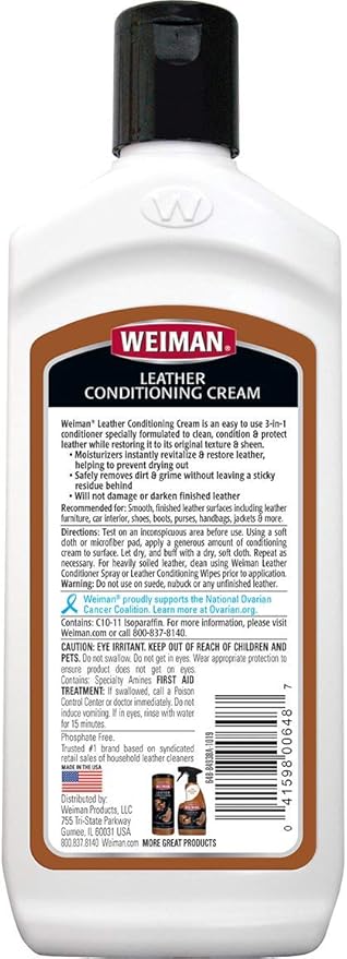 Weiman 3 in 1 Deep Leather Conditioner Cream (Microfiber Cloth) - Restores Leather Surfaces - Use on Leather Furniture, Car S