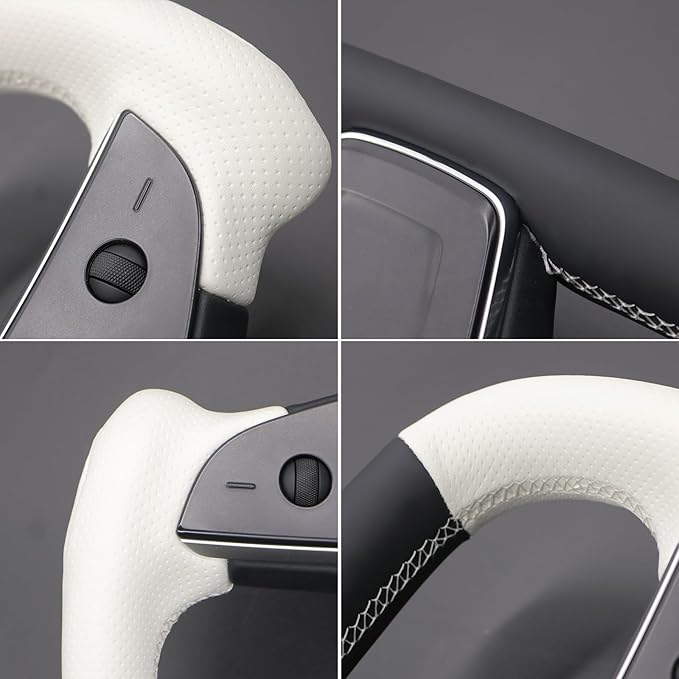 MEWANT Hand Stitched White Leather Steering Wheel Cover Wrap for Tesla Model S 2021-2023 / Model X 2021-2023 Steering Wheel Accessories