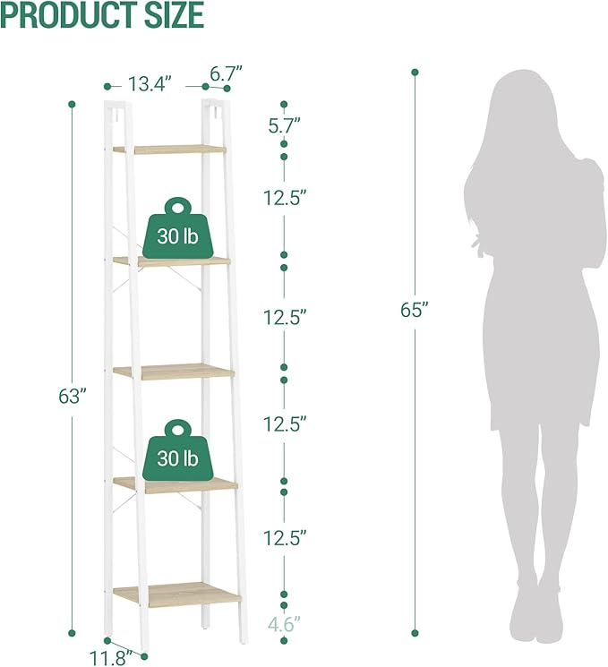 Hzuaneri Ladder Shelf, Bookshelf Bookcase, Freestanding Corner Storage Shelve with 2 Hooks for Home Office, Living Room, Kitc