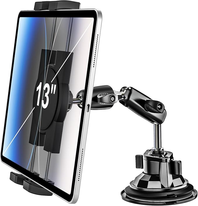 Heavy Duty Car Tablet Mount Holder - [Metal Arm] Dashboard Windshield Suction Cup Tablet Holder for Truck/Car Mount, for 4.7-13" Tablets Like iPad Pro Air, Mini, Galaxy Tab, Z Fold, Fire HD, iPhone