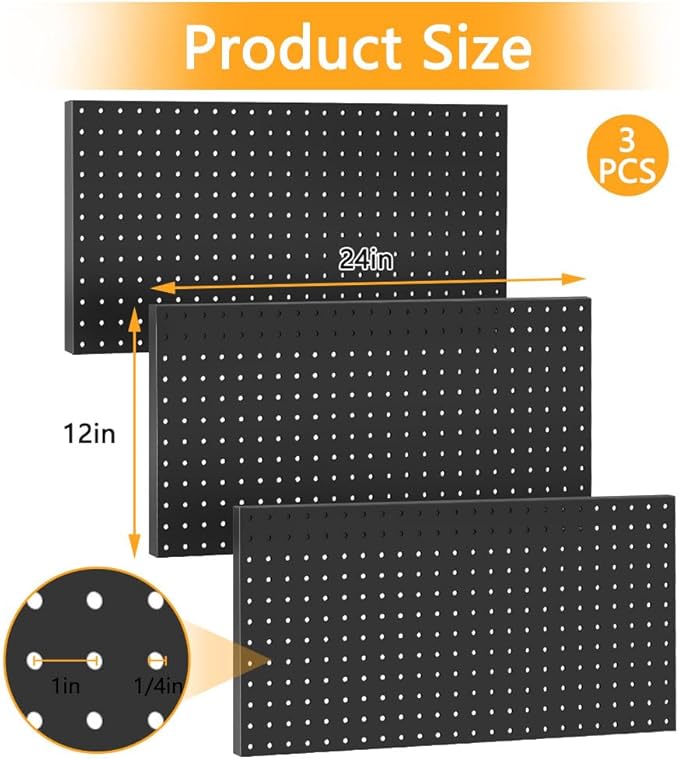 3pcs Heavy Duty Metal Pegboard Panels, Garage Wall Mounted Tool Organizer Peg Board for Garage, Workshop Storage and Workbenc