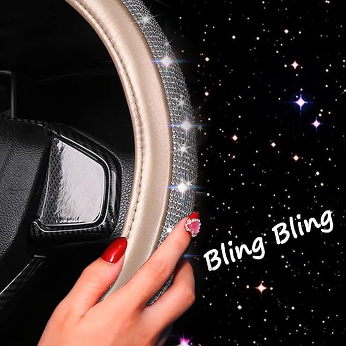 Bling Diamond Leather Steering Wheel Cover, Golden Steering Wheel Covers for Women Girls with Crystal Rhinestones, Universal Fit 14.5-15 Inch Car Steering Wheel Bling Cover Accessories