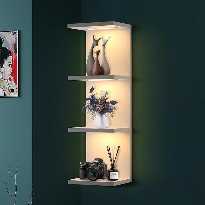 4-Tier Wall Shelf Unit with LED Lights, Floating Lack Shelf for Home Decor, Wall Mounted Vertical Display Shelf for Bedroom L