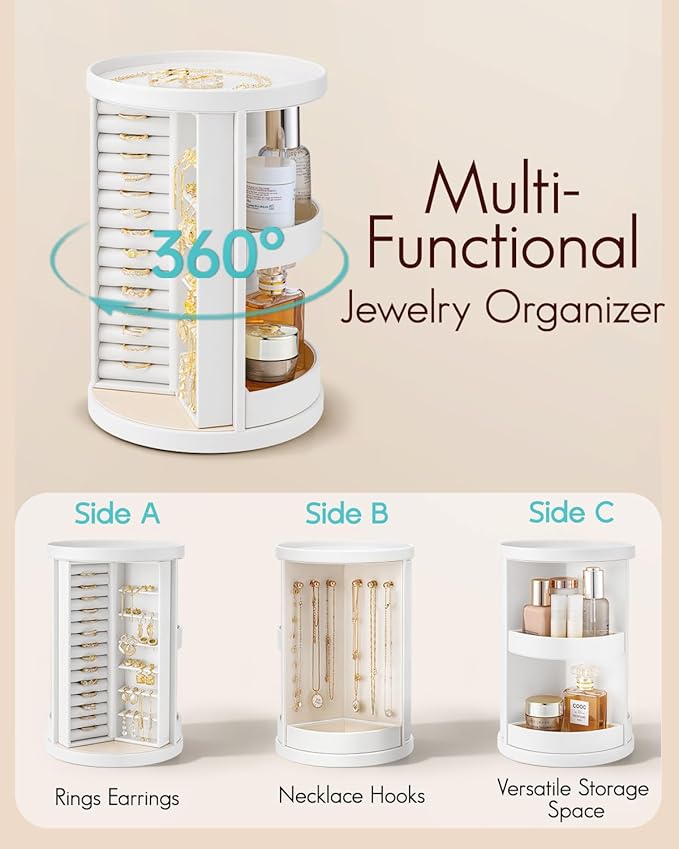 VLANDO 360°Rotating Jewelry Box,Earring Organizer Large Vertical Jewelry Organizer with 6 Necklace Hooks, Open Ring Display S