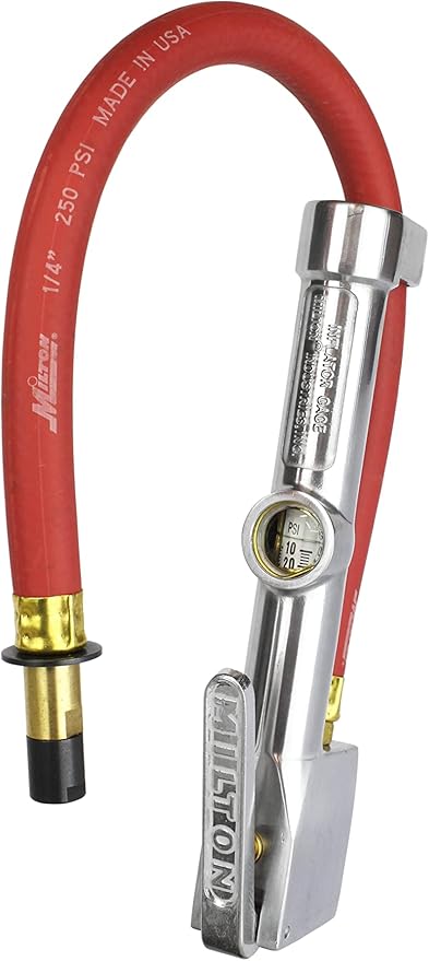 Milton S-504 Analog Tire Inflator with Pressure Gauge, 15" Hose Straight Head Air Chuck, Made In USA 10-160 PSI