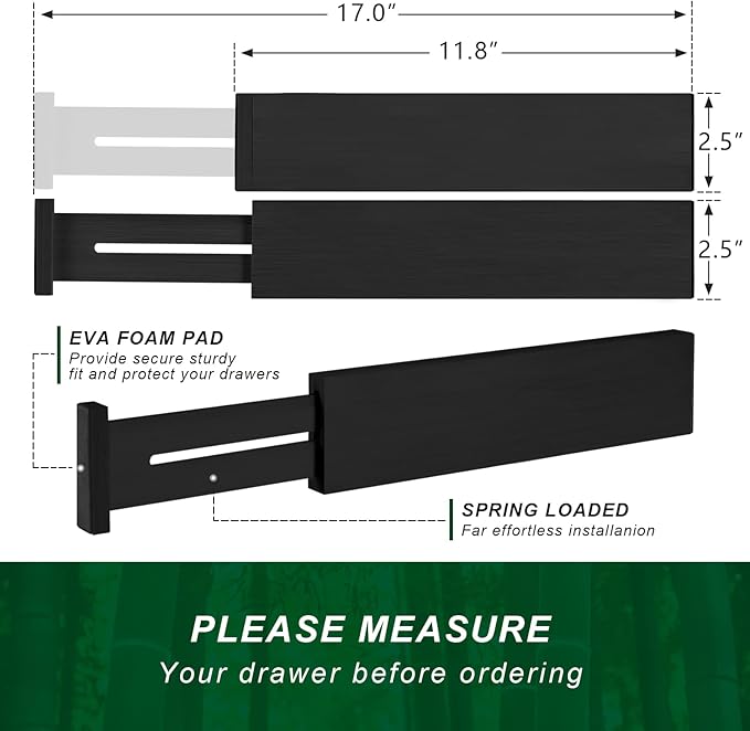 4 Pack Bamboo Drawer Dividers 2.6" High, Adjustable Length from 12 Inch to 17 Inch, Expandable Kitchen Drawer Organizer Separ