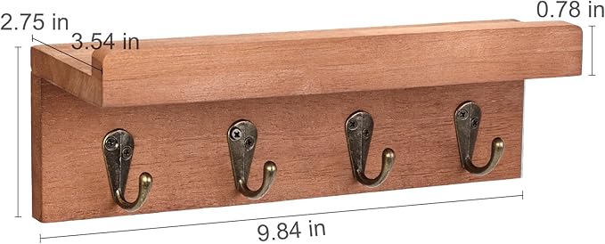HRONRAD Rustic Key Holder for Wall, Farmhouse Wall Shelf with 4 Hooks, Wall Mounted Key Racks, Wooden Mail Organizer with Hoo