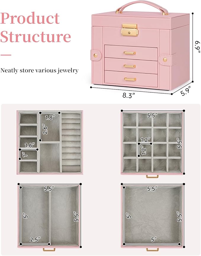 TORIBIO Jewelry Box for Women, Leather Jewelry Organizer with Mirror & Lock, 4-Tier Jewelry Storage Organizer with 3 Drawers 