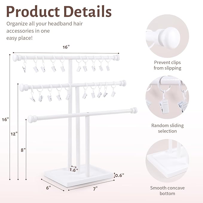 POVETIRE Headband Holder Stand Storage for Baby, 3 Tier Wooden Bow Organizer for Girls Hair Bows, Infant Hair Accessories Rac