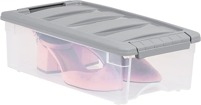 Amazon Basics Plastic Storage Containers with Secure Latching Lids, Stackable Organization Bins for Organizing, Clear/Grey, 5