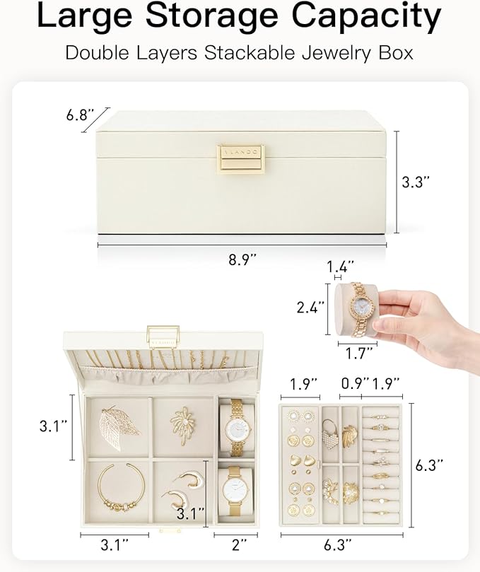 Vlando Jewelry Organizer,2 Layer Jewelry Box Large Jewelry Organizer for Women Removable Jewelery Tray with Watch Pillow for 