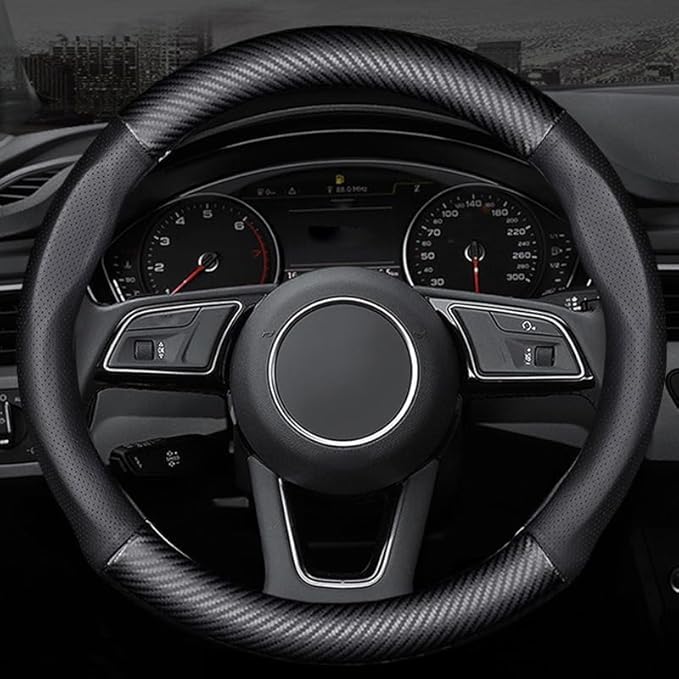 fCar Steering Wheel Cover Fusion Carbon Fiber Premium Leather Non-Slip, Breathable, Trendy Accessories with Car Logo,for Be Accessories (Old)