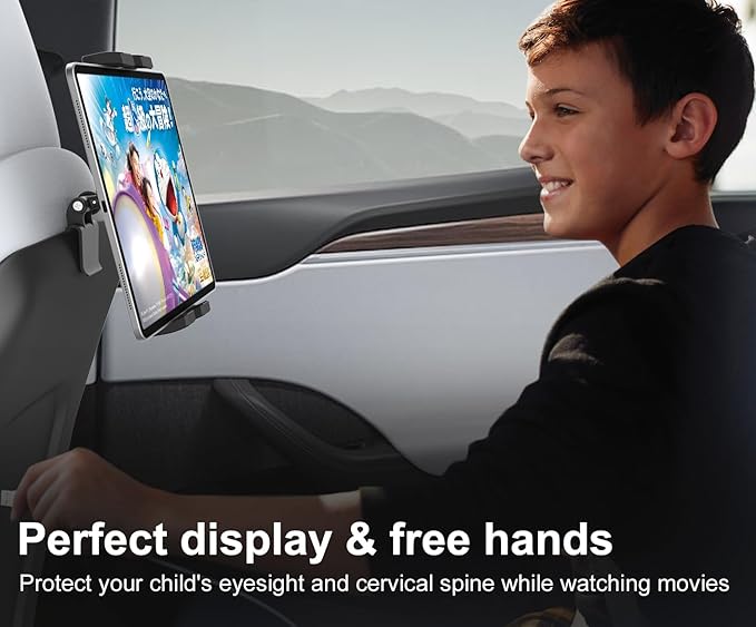 GDZN Tesla Back Seat Tablet Holder, 1-Second Install Seat-Back Wedge Mount for Model 3/Y, Metal Ball Head 360° Rotation iPad Holder for Kids Travel, Fits 4.7-13" iPad Pro/Air/Mini, Galaxy Tab, iPhone