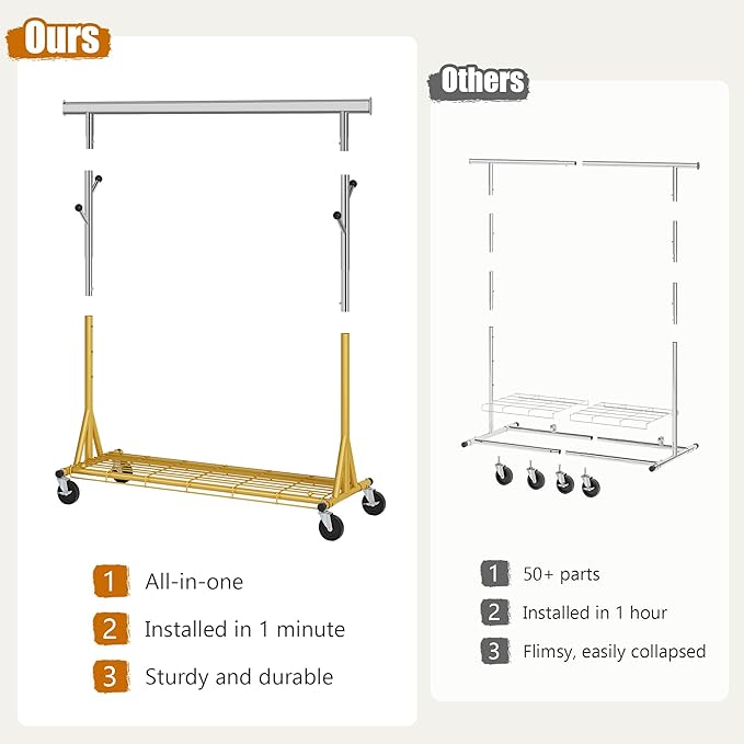 Gewudraw Rolling Clothes Rack Load 530lbs,Heavy Duty Garment Rack With Sturdy Wheel And Shelves, Adjustable Portable Hanging 