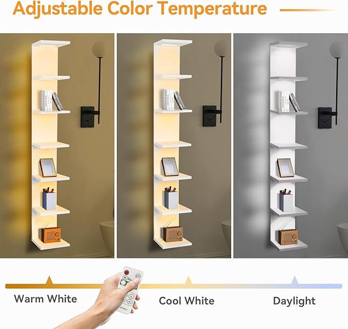 7 Tier Wall Shelves with Led Light, Lack Wall Shelf Unit, Vertical Shelf with Remonte Control,White Shelves