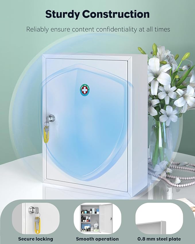 Uniclife Wall Mount Medicine Cabinet with Key Lock, Locking First Aid Cabinet, Lockable Medical Cabinet, Large Capacity Medic