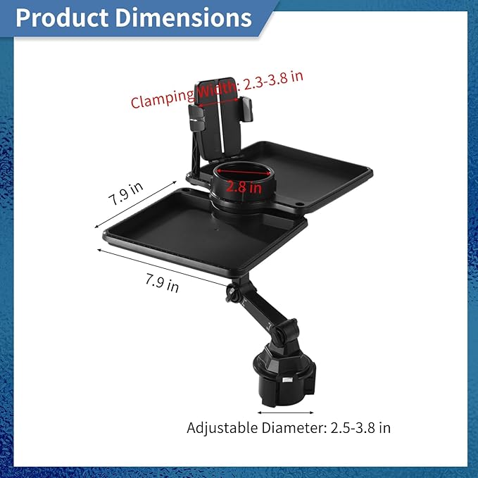Car Food Tray, Car Cup Holder Tray, Detachable Cup Holder Tray for Car, 360° Adjustable Rotating Arm, 2 Food Swivel Trays, Ideal Use for Daily and Trip