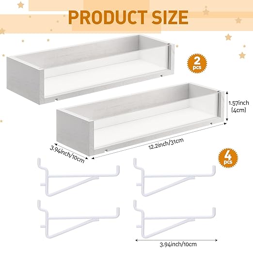 Marsui 2 Pcs Wooden Pegboard Shelf with Acrylic 12.2 x 3.94 Inch White Display Shelves Brackets with Metal Hooks Heavy Duty P