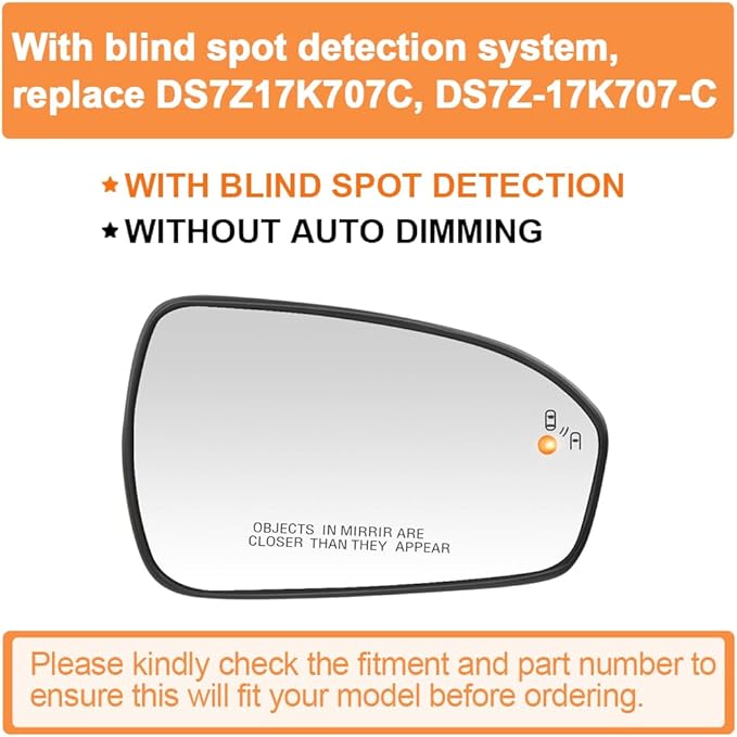 Senzeal Passenger Side Heated Mirror Glass with Blind Spot Detection BLIS for Ford Fusion 2013 2014 2015 2016 2017 2018 2019 2020 2021 DS7Z17K707C DS7Z-17K707-C (No Auto Dimming)(Right Side)