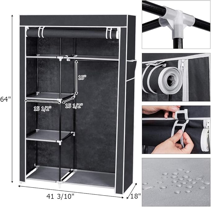 64" Portable Closet Storage Organizer Wardrobe Clothes Rack,Covered Garment Rack,Steel Tube Clothes Storage Organizer,Freesta