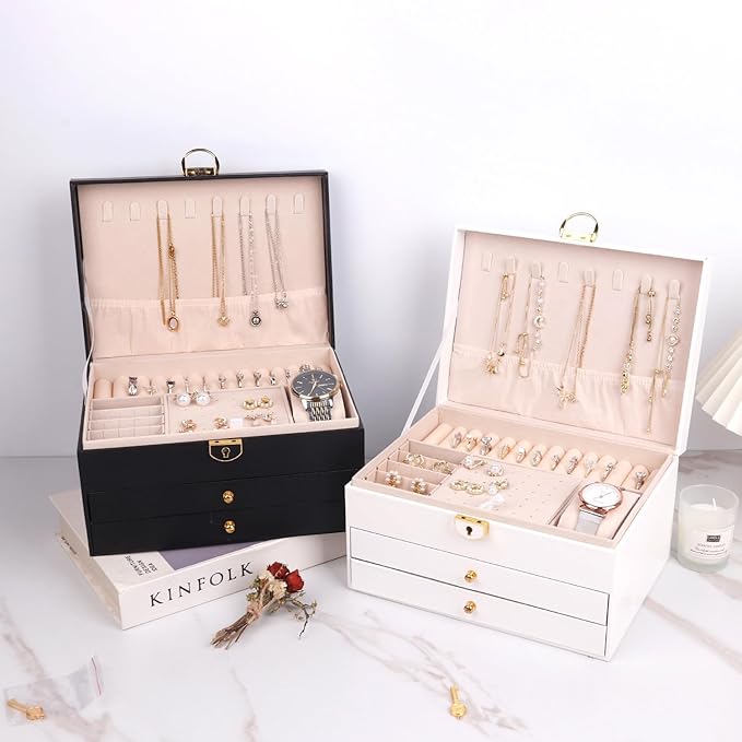 Jewelry Organizer Box for Women, Large Jewelry Organizer with Lock, 3 Tier Storage Box with Velvet Lining, 2 Drawers, Necklac