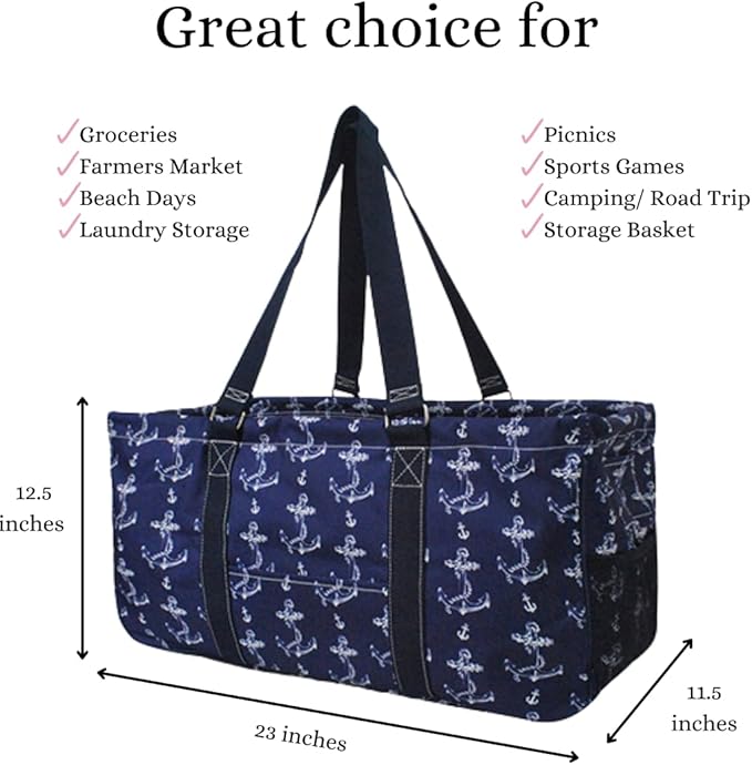 NGIL Extra Large Utility Tote Reusable Grocery Bag Oversized Collapsible for Groceries, Storage, Picnic, Beach (Vintage Anchor-Navy)
