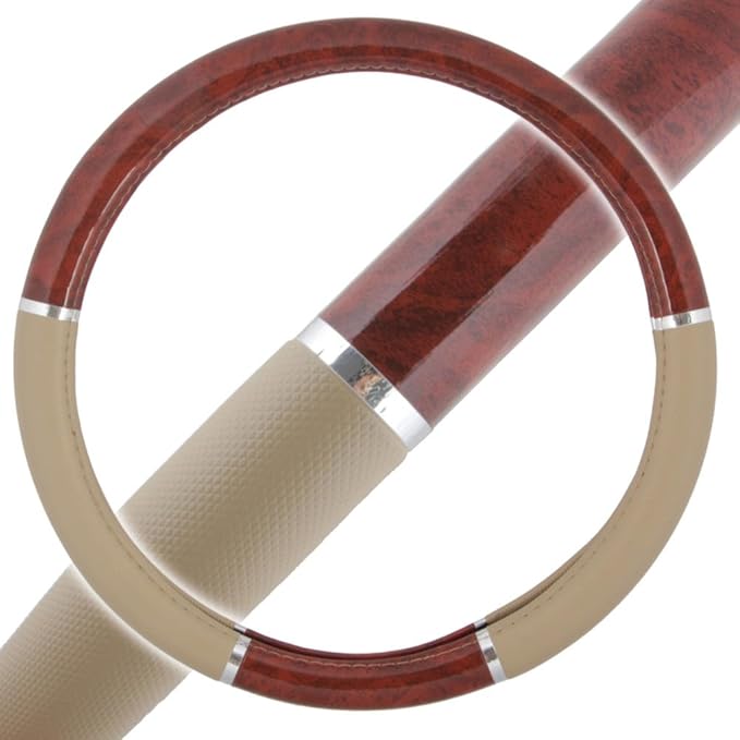 BDK Dark Wood Grain Car Steering Wheel Cover, Standard 15 inch with Beige Faux Leather Grip, Made to Fit Most Auto Truck Van 