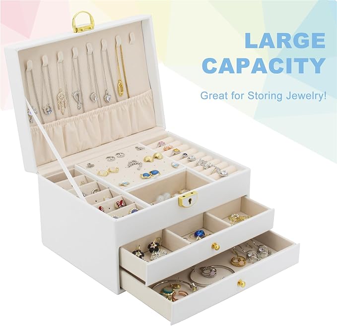 KOOAAICCHI Jewelry Box for Women, 3-Layer Jewelry Organizer, Jewelry Storage Case PU Leather for Earrings, Bracelets, Ring, N