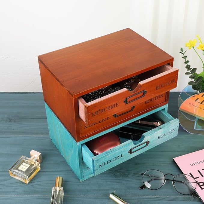 Wooden Storage Box Rustic Desktop Organizer with 2 Drawers Office Desk Accessories Shelf Small Craft Storage Containers Apoth