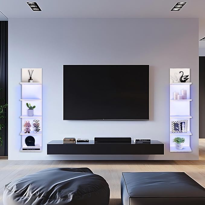 5 Tier Wall Shelf Unit, RGB Lack Shelf, Vanity Shelves with Light,White Shelves for Room,Office,Bathroom,Remote Control