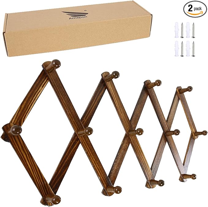 AMAPON Accordion Style Expandable Wall Wooden Coat Rack 13 Hooks (Pegs) Hang Hats Jackets Coffee Mug Purses Necklaces Towels 