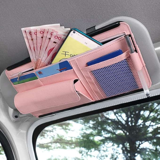 JEYODA Car Sun Visor Organizer Auto Car Visor Pocket and Interior Accessories Car Storage Organizer with Multi-Pocket Net Zippers (Style 2-Pink) 1942