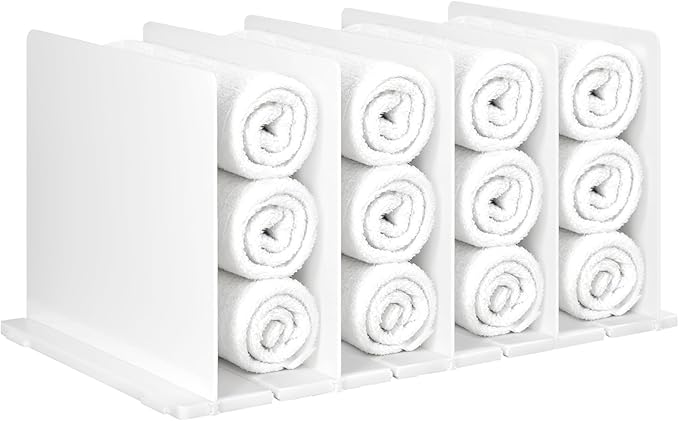 Towel Organizer for Closet, White Interlocking Towels Organizer, Bathroom Towel Storage, Space Saving Bathroom & Cabinet Unde