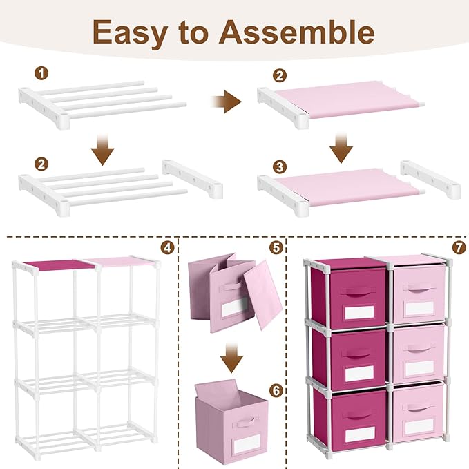 Geelin 6 Pink Cube Storage Organizer with Fabric Bins and Labels, 11 Inch Collapsible Toy Organizer Shelf Storage Bins Dresse