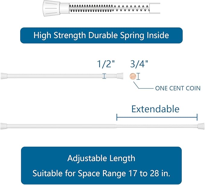 TYRON Spring Tension Curtain Rod 17 to 28 Inch, Extendable Pressure Curtain Rod Tension, Window Rods for Curtains, Kitchen, B